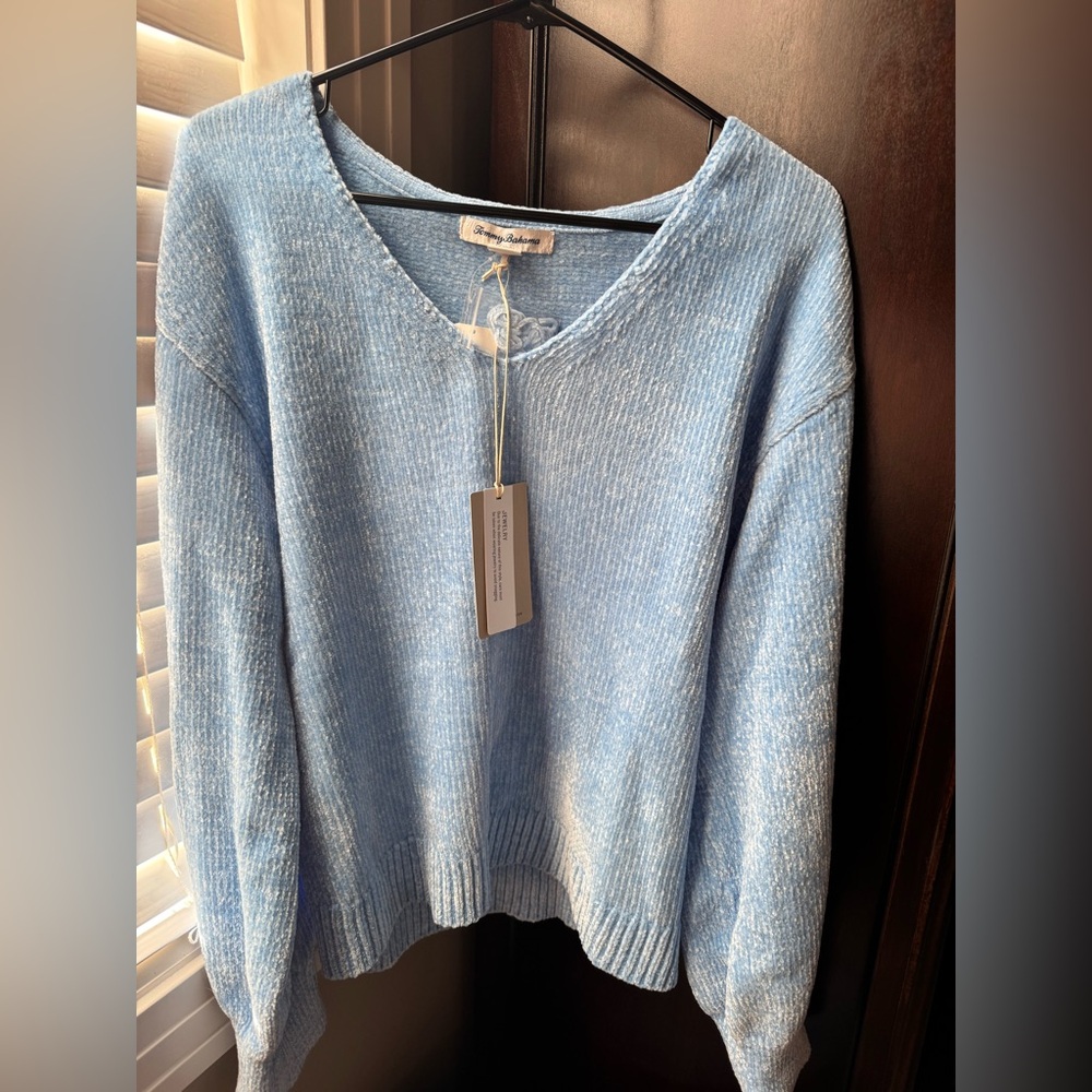 TOMMY BAHAMA ISLAND LUNA CHENILLE V-NECK SWEATER SKY BLUE SIZE M